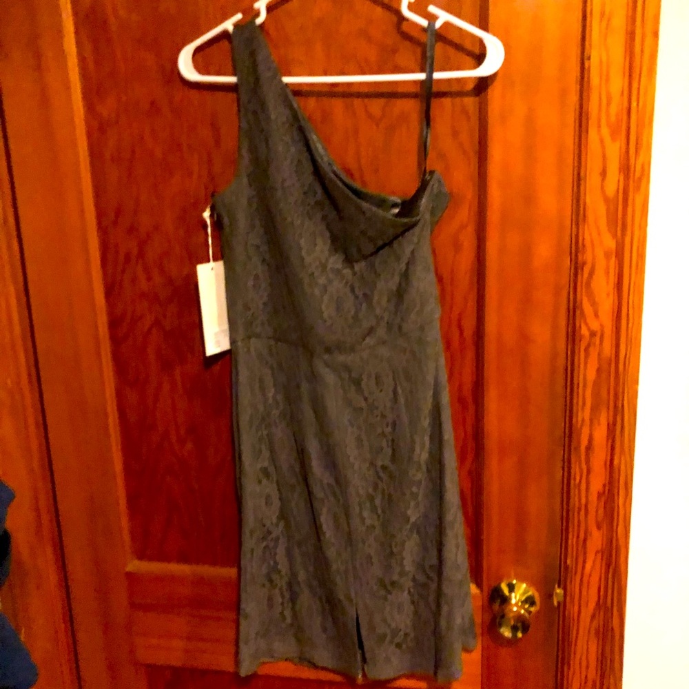 Dress, size 6, lace, one shoulder, to the knee, dressy, grey
